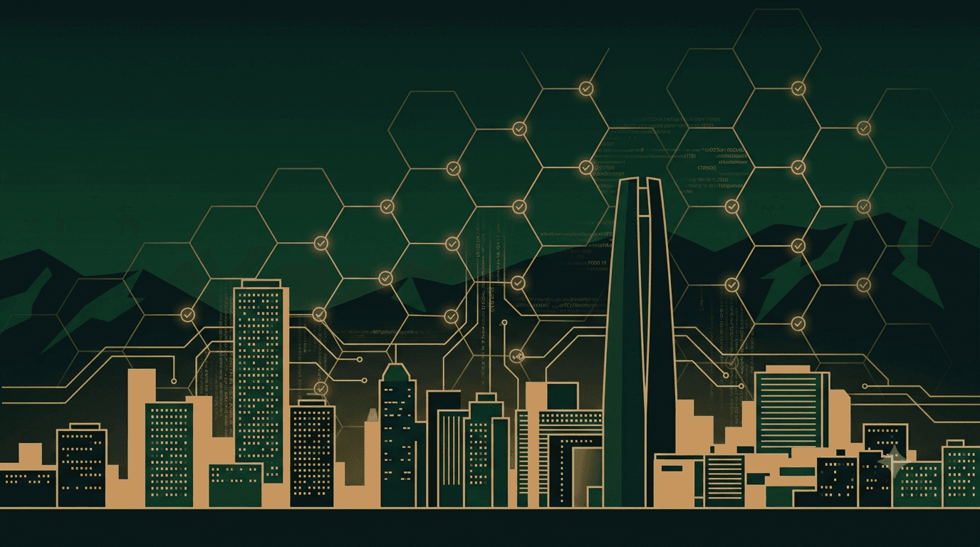 Skyline de Santiago con una red de nodos conectados, en los colores de marca de Guardanza